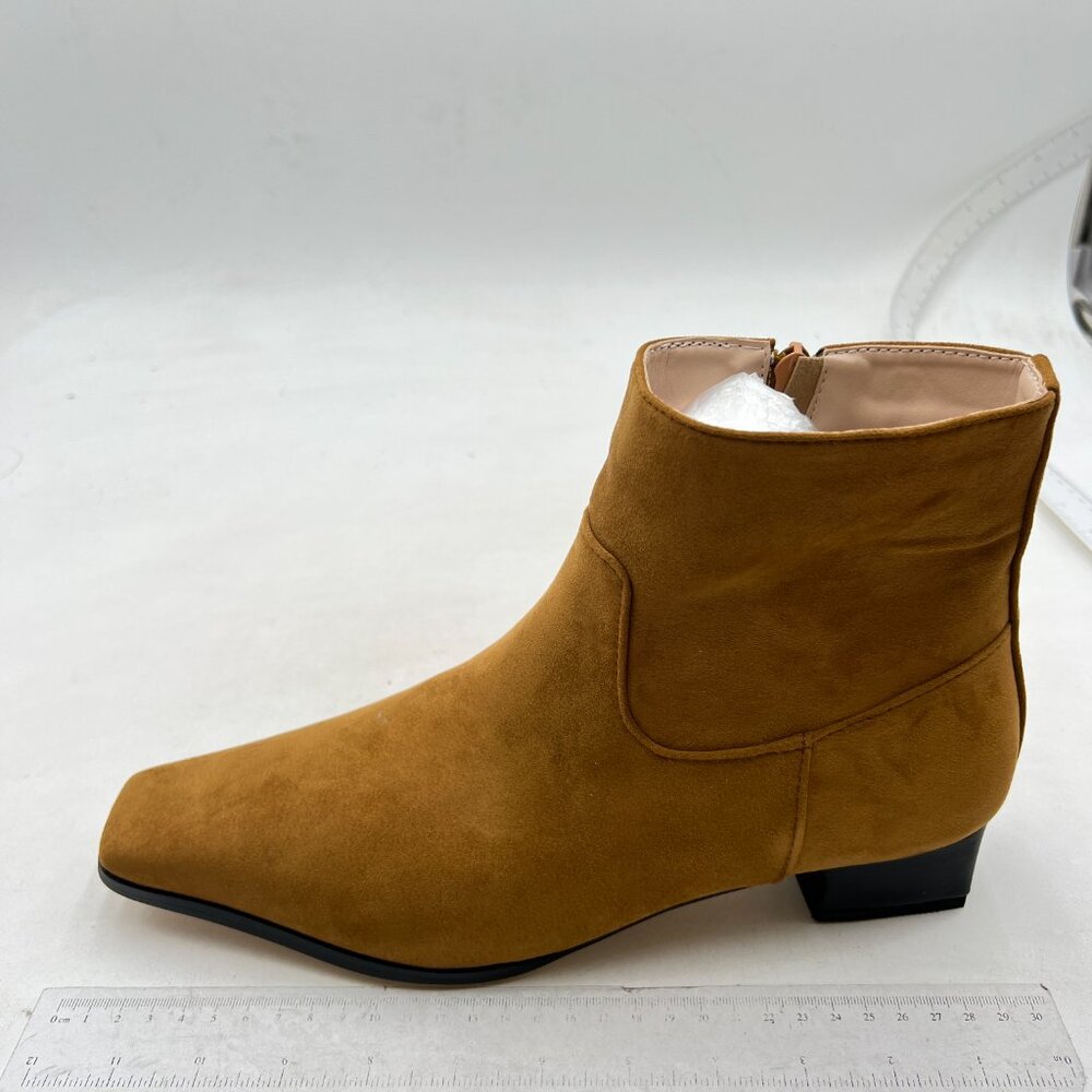 FOWT Light Brown Square Toe Low Chunky Heels Side Zipper Ankle Boots Formal Shoe